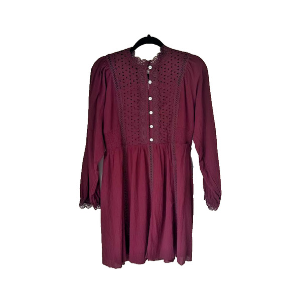 Bohme Plum Mini Dress Lace Eyelet Prairie Cottagecore Medium Long Sleeve Raw Hem - Picture 1 of 11